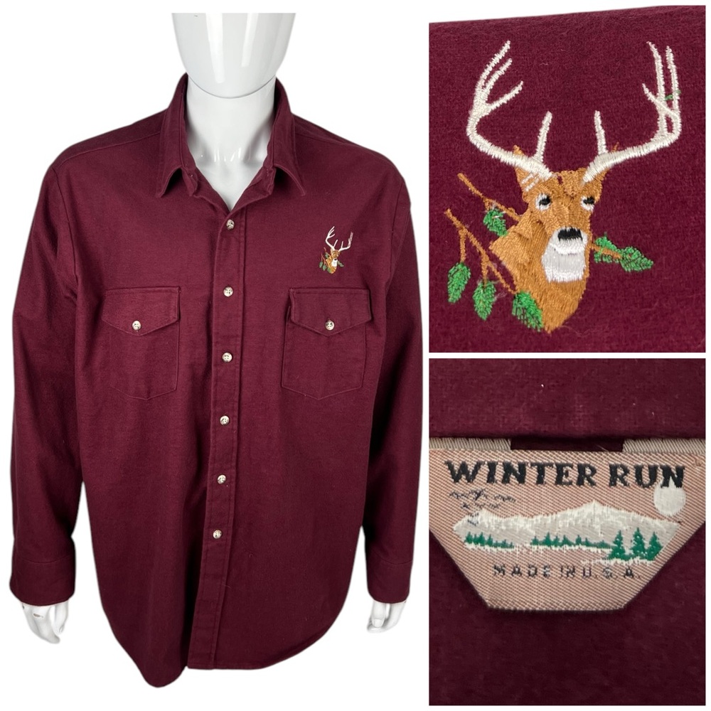 Winter Run Mens 2XL Shirt Long Sleeve Hunting Flannel Vintage USA Burgundy Deer